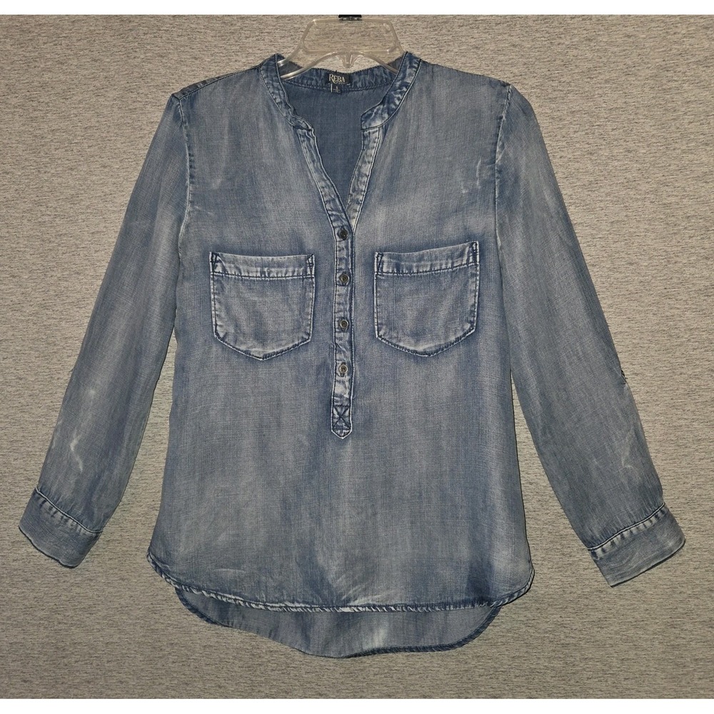 REBA Button Up Blouse Blue Grey Top Chambray Shirt Roll Tab Sleeves Womens Small
